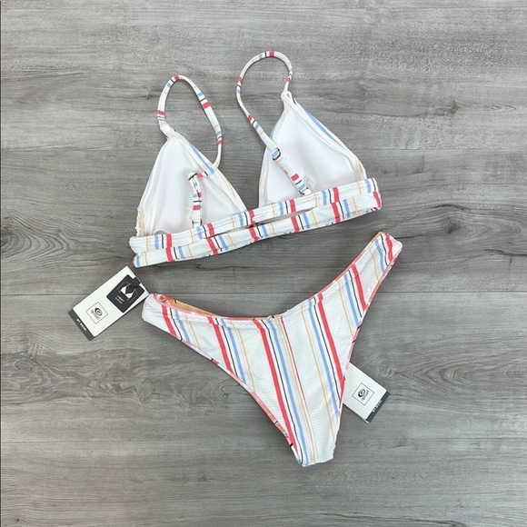 ☀️RIP CURL☀️ BLOSSOM STRIPE TRI TOP BLOSSOM HI LEG REVERSIBLE BIKINI SET - Picture 13 of 16